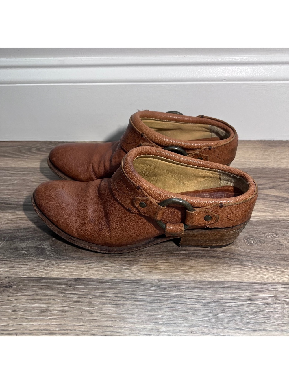 FRYE Women's belted harness mules brown leather ankle boots women's size 6.6